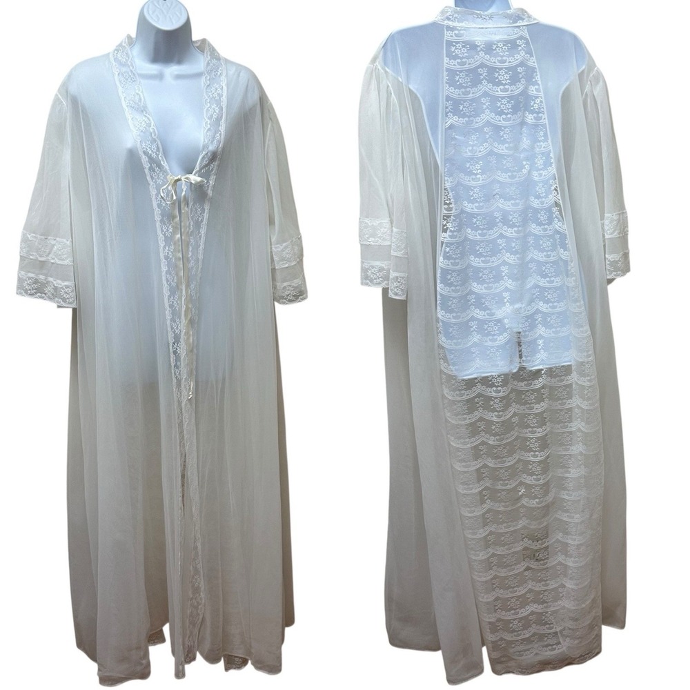 Vintage Elise Stevens White Sheer Chiffon Lace Nylon Peignoir Robe Plus Size 2X
